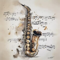 Watercolor saxophone symphony on a music-filled canvas