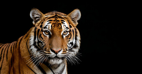 Obraz premium Majestic Bengal tiger with orange fur and black stripes standing alert in a black background. Ideal for wildlife, nature, and animal power concepts.