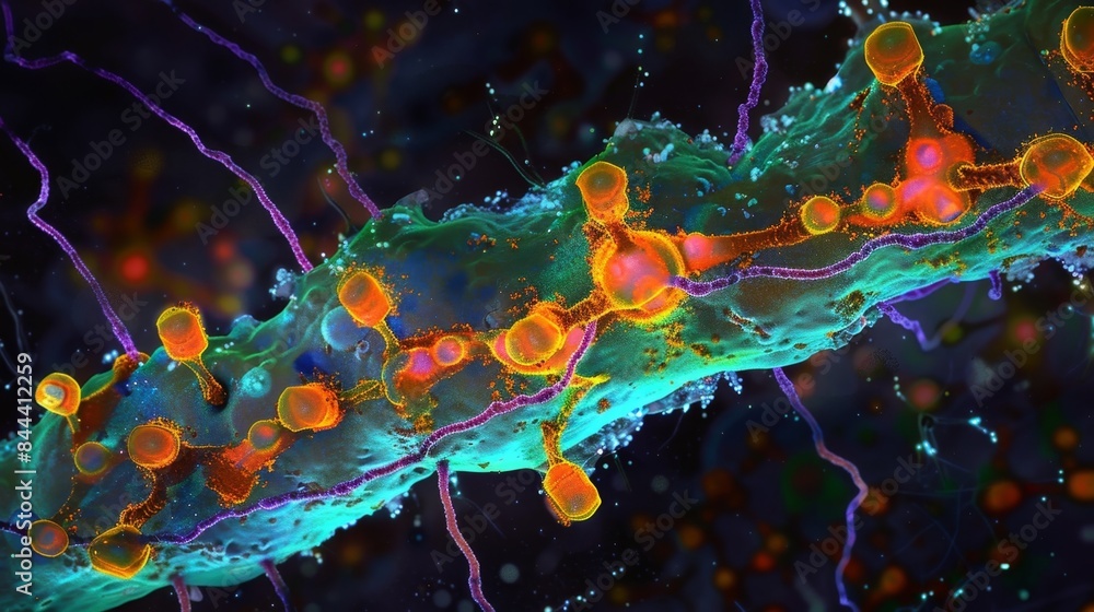 Poster a microscopic image of a newly formed axon branching and growing under the guidance of growth factor