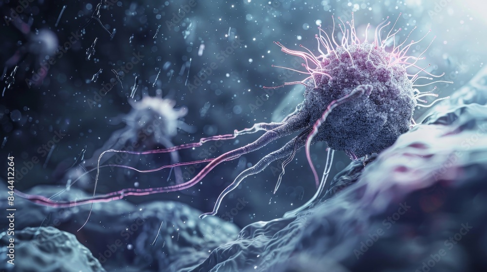 Poster a closeup view of a lymphocyte extending pseudopods to probe its environment searching for chemical 