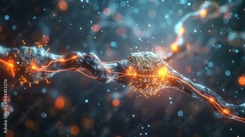 Poster a closeup of synapses forming between two neurons facilitated by the presence of growth factors in t