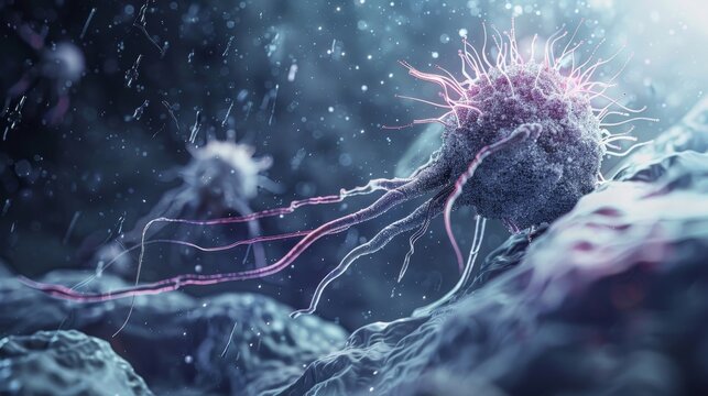 A closeup view of a lymphocyte extending pseudopods to probe its environment searching for chemical cues to guide its movement