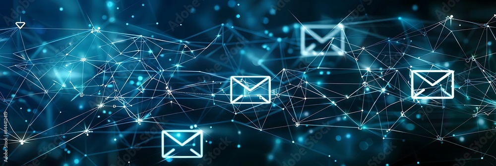 Poster abstract digital communication background with email envelopes and network connections