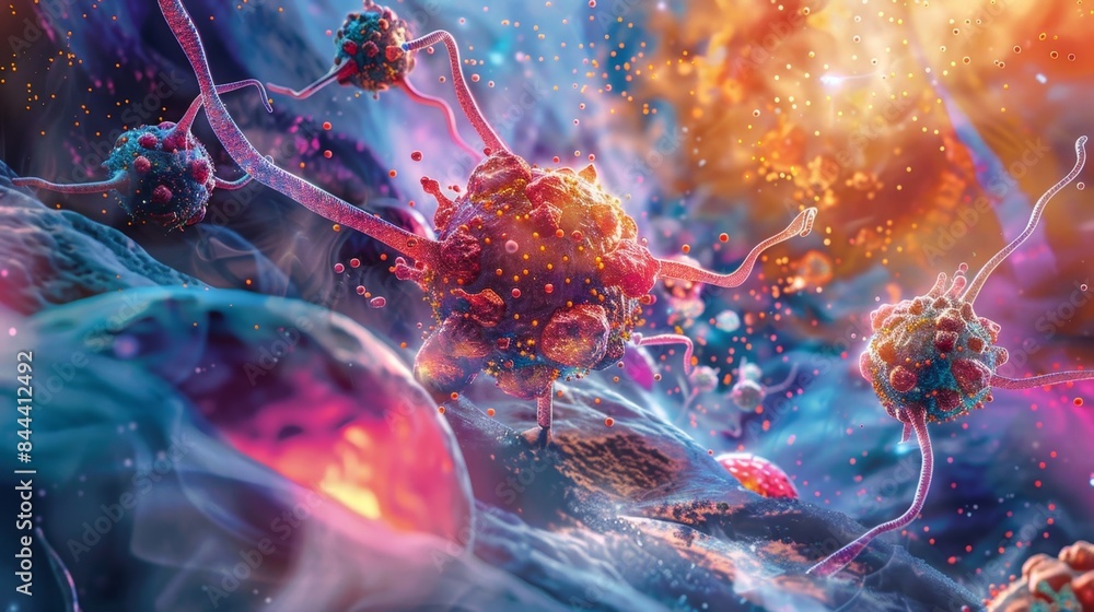 Poster an illustration showing the complex interplay between signaling pathways and cellular structures inv