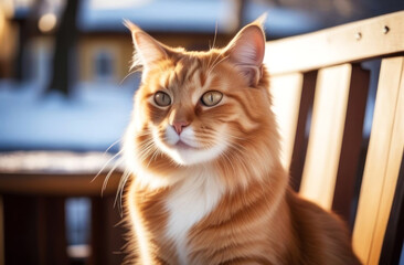 This majestic ginger cat basks in the warm sunlight, showcasing its stunning fur and piercing eyes.