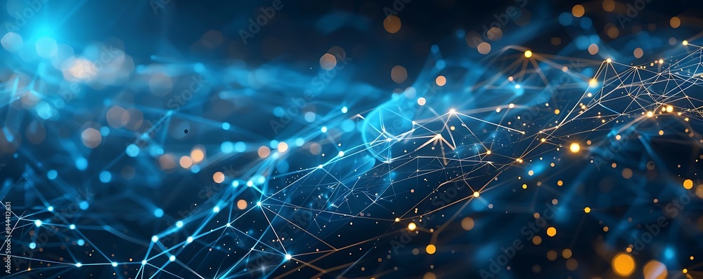 Poster abstract digital communication background with interconnected lines and dots, featuring a laptop, a 