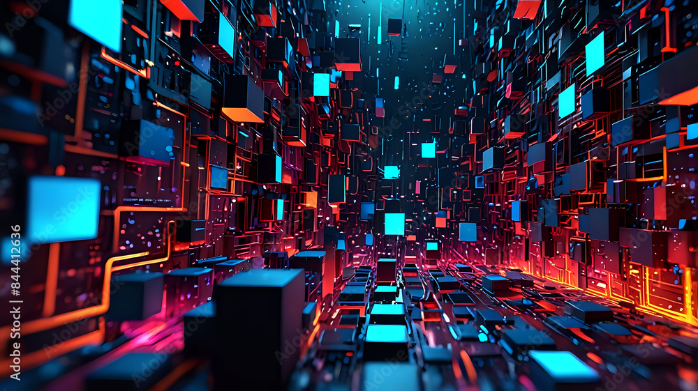 Poster abstract digital art with a glowing matrix effect technology background design .