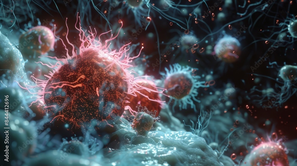 Poster cluster of autoreactive t cells gathering around and attacking a healthy cell in a patient with type