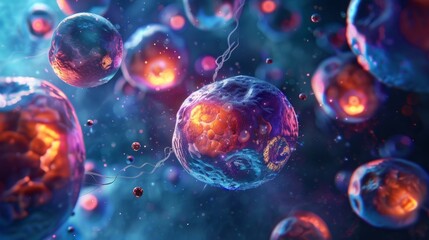 Naklejka premium Depiction of senescent cells releasing extracellular vesicles containing proinflammatory molecules