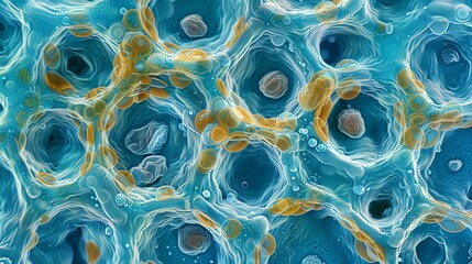 Microscopic view of senescent cells in a tissue sample exhibiting a flattened and enlarged appearance compared to healthy cells