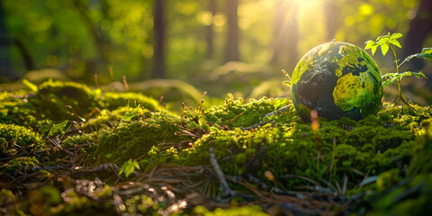 a green ball with a hole in the center, sitting on a mossy, rocky surface in a forest,World Environment Day. Happy Earth Day. Green Environment, Green Nature, Green Energy. Save planet concept .
