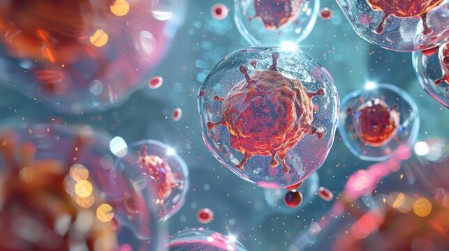 Aging cell surrounded by apoptotic cells indicating the process of programmed cell death