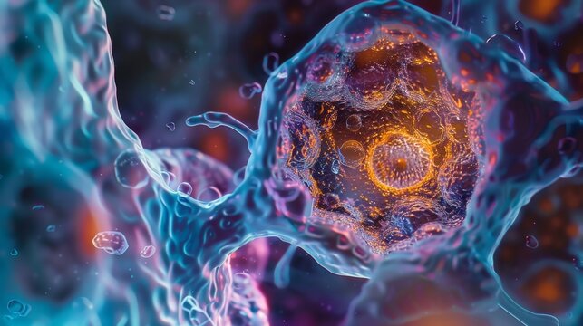 A highresolution photo of a cell undergoing endoplasmic stress with an abundance of molecular chaperones present to assist in correcting any protein misfolding due to the stressfu