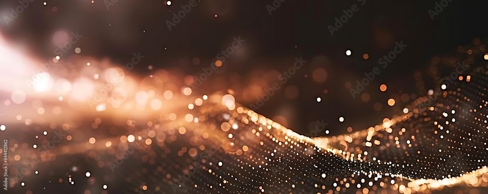 Poster abstract digital communication background with interconnected lines and dots, featuring a laptop, a 