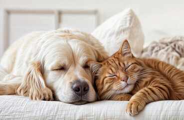 A dog and a cat are sharing a sleeping position on a bed. Their bodies are close together, and they are both peacefully sleeping.