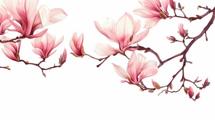 Fototapeta premium Isolated white background branch with pink magnolia flower in spring