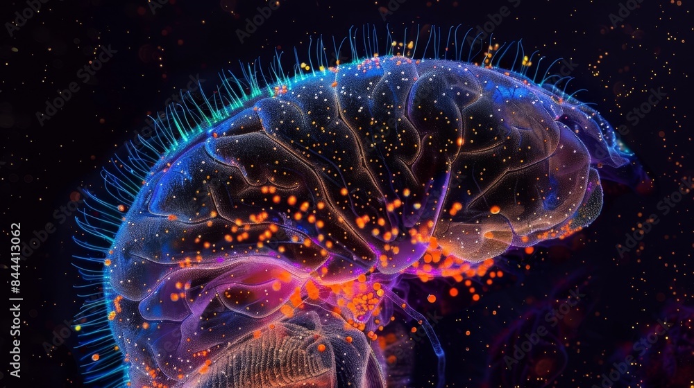 Poster fluorescent image of a mouse brain highlighting the dense population of neurons in the suprachiasmat