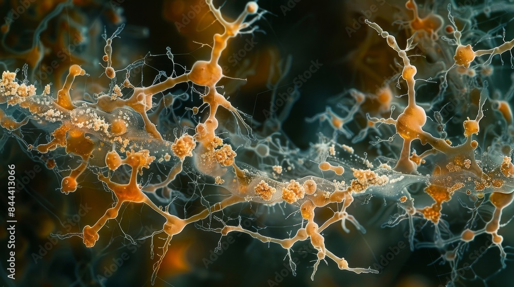 Poster magnified image of a fungi colony showing the fungal hyphae extending and retracting in a rhythmic p