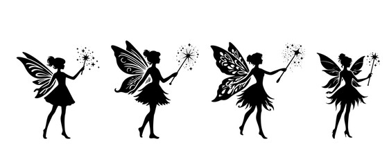 Beautiful fairy side view silhouette black filled vector Illustration icon set.