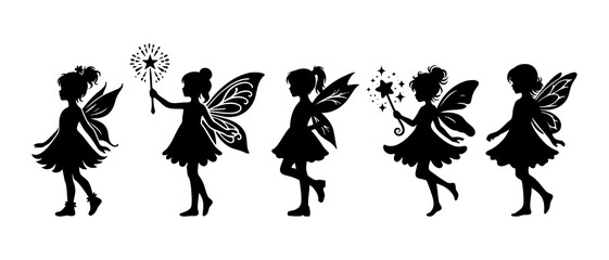 Beautiful fairy side view silhouette black filled vector Illustration icon set.