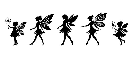 Beautiful fairy side view silhouette black filled vector Illustration icon set.