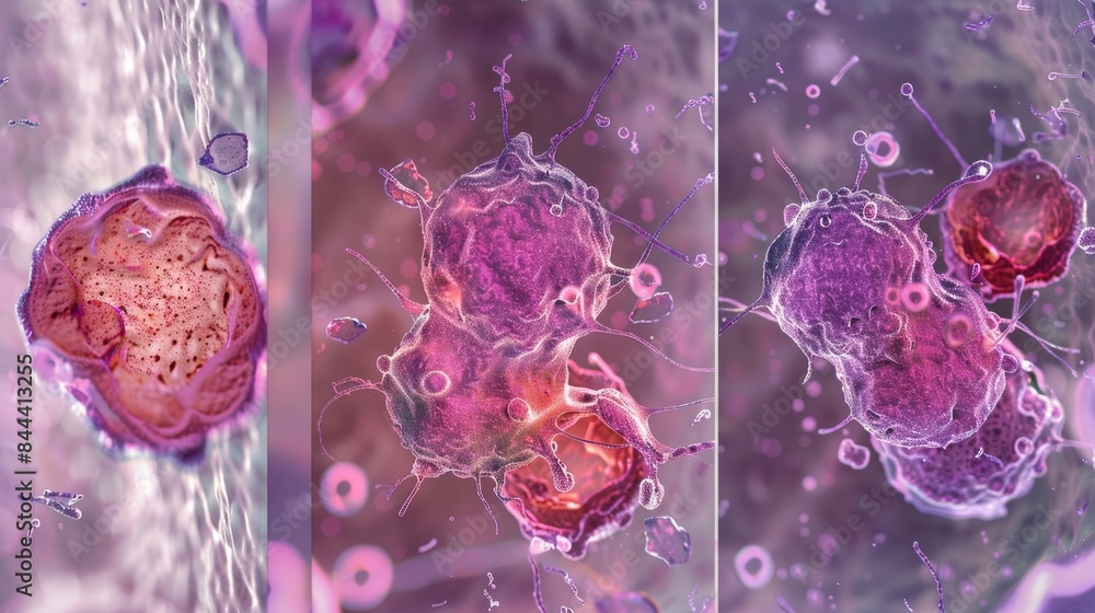 Poster a sequence of images showcasing the different stages of degranulation in mast cells from initial act