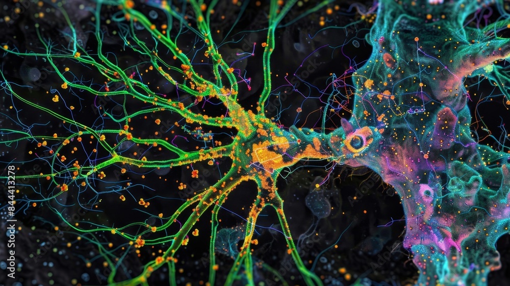 Poster a network of neurons in the brain with a subset highlighted to show the abundance of dopamine recept