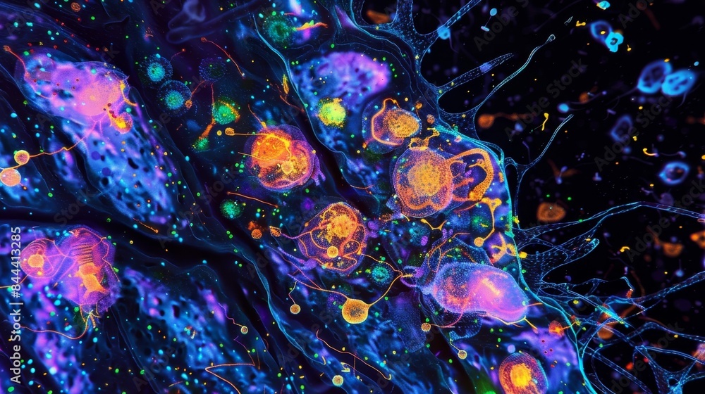 Poster fluorescent microscopy image capturing the distribution of dopamine receptors in different areas of 