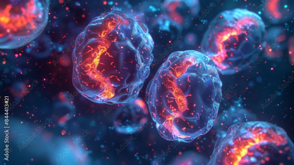 Poster a closeup view of an endocrine cells nucleus with specific genetic regions activated to produce and 