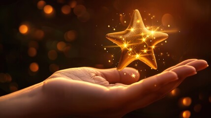 A hand with shining stars Product quality score symbol High level of customer service