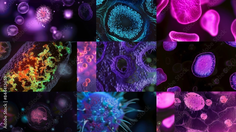 Poster a series of microscopic images showing the different stages of interferon production and signaling i