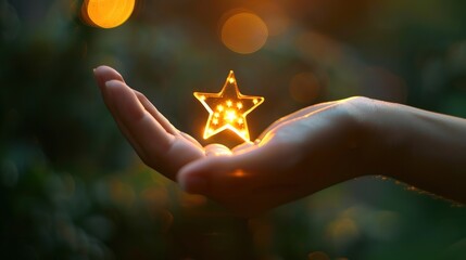 A hand with shining stars Product quality score symbol High level of customer service