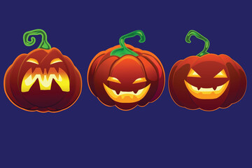 Halloween Set of pumpkins for the holiday. Realistic orange pumpkins with a carved scary kind joyful smile. Collection of objects. Design elements isolated on purple background. Vector illustration