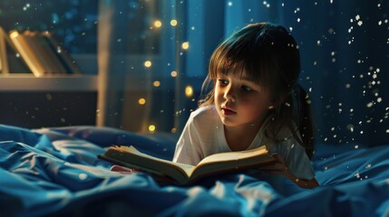 A Little boy reads a magic book before sleeping on the bed in the room. © chutikan