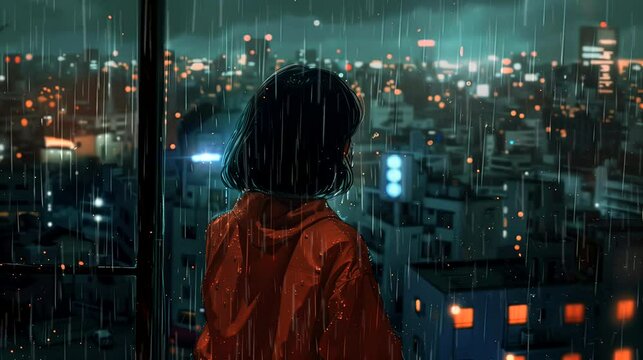 A girl gazing at the rain-soaked cityscape from a rooftop. Anime or digital painting style, looping 4k video animation background