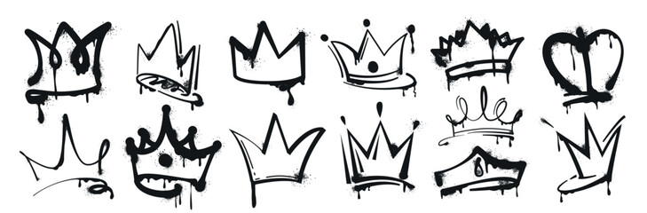 Vector set of spray paint crown. Black graffiti drawing king, queen or prince crowns. Hand drawn princess tiara, diadem with ink splatters and drips. Royal head accessories in grunge street art style. © redgreystock