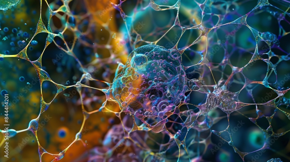 Poster high magnification image of a single stress granule showing the intricate network of rna and protein