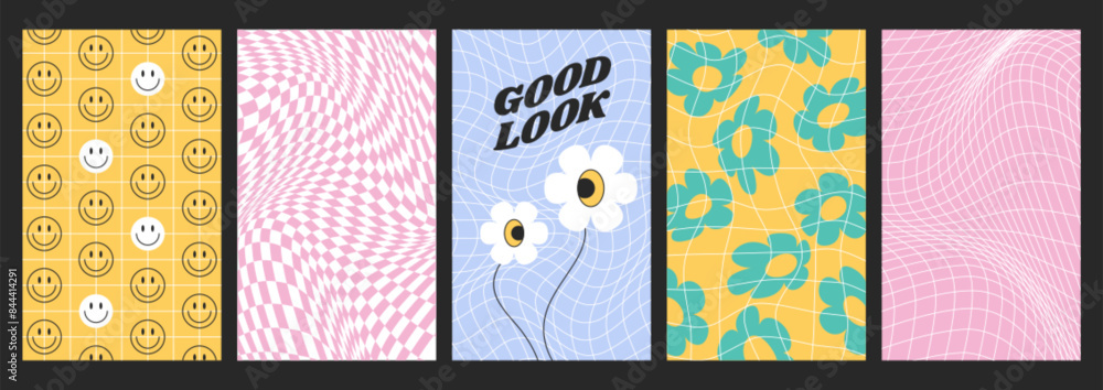 Aufkleber psychedelic checkerboard set with distorted grid tile. checkered seamless pattern in retro y2k style