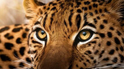 Obraz premium A stunning close-up photo of a leopard eyes, showing its large, luminous eyes with a mesmerizing look