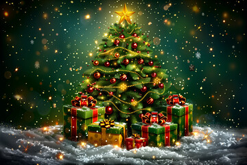 Obraz premium A Christmas tree with a star on top and presents underneath. The tree is surrounded by boxes, and the snow on the ground adds to the festive atmosphere