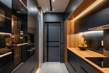 Cozy apartment with a small kitchen and living area, black modern apartment interior design