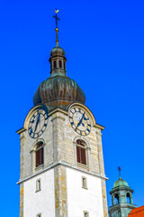 Glockenturm der Pfarrkirche St. Nikolaus in Altstätten im Kanton St. Gallen der Schweiz