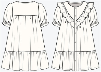 PUFF SLEEVES CENTER FRONT OPEN TIERED DRESS WITH CHEVRON FRILL DETAIL DESIGNED FOR TEEN AND KID GIRLS IN VECTOR ILLUSTRATION FILE