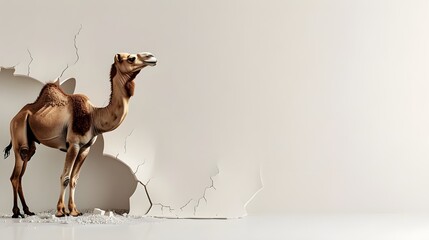 picture of a camel emerging from a hole-filled, ripped paper wall Eid al-Adha is an Islamic celebration with sacrifice as its central focus. with white wall copy space