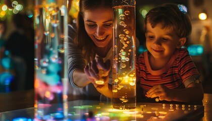 Obraz premium Mother and daughter making colorful bubble lava lamp moving up and down.