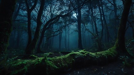 Mystical night in dark but beautiful forest full of wonder and magic essence with moon view