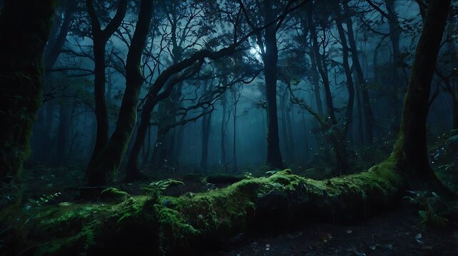Mystical night in dark but beautiful forest full of wonder and magic essence with moon view