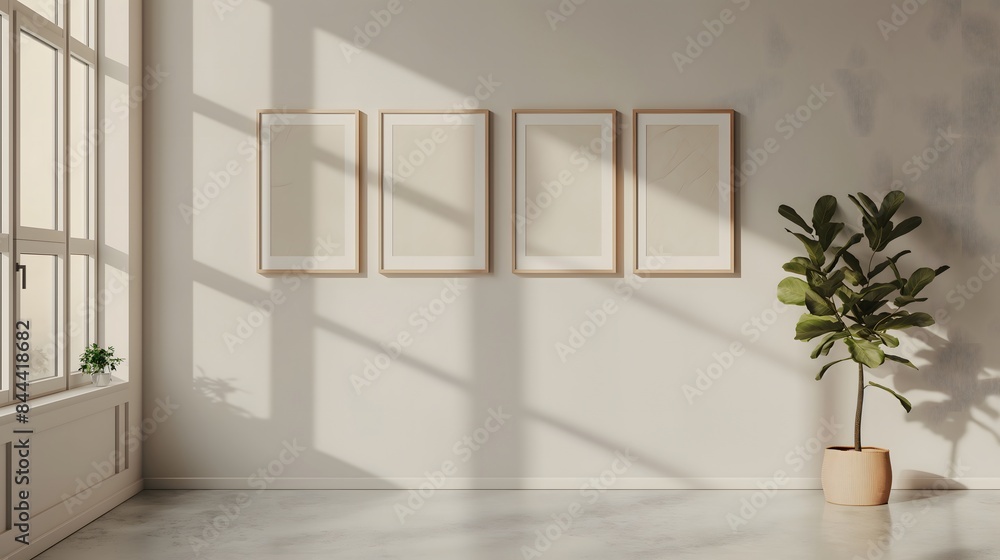 Aufkleber 2. create an image of a gallery wall mockup adorned with four wooden frames against a neutral backgr