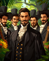 Obraz premium A man in a black suit and hat stands in front of a group of men in black suits and hats