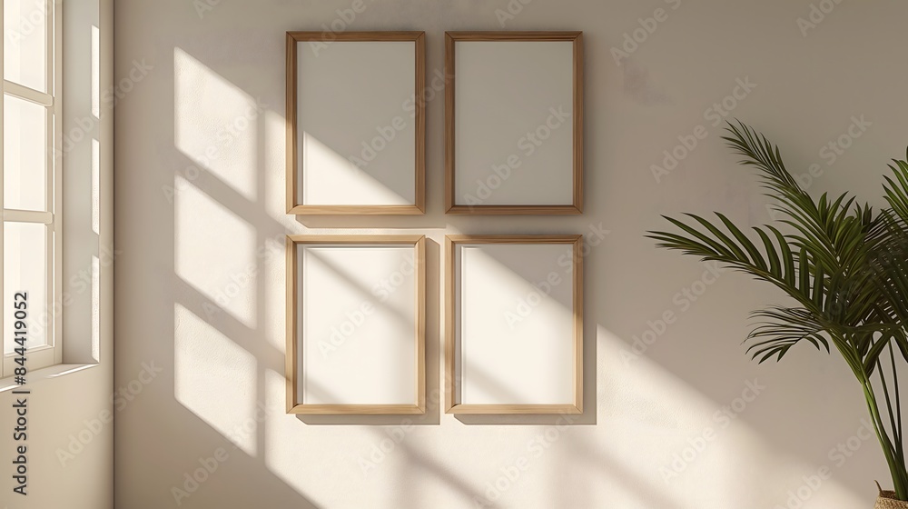 Poster 2. create an image of a gallery wall mockup adorned with four wooden frames against a neutral backgr